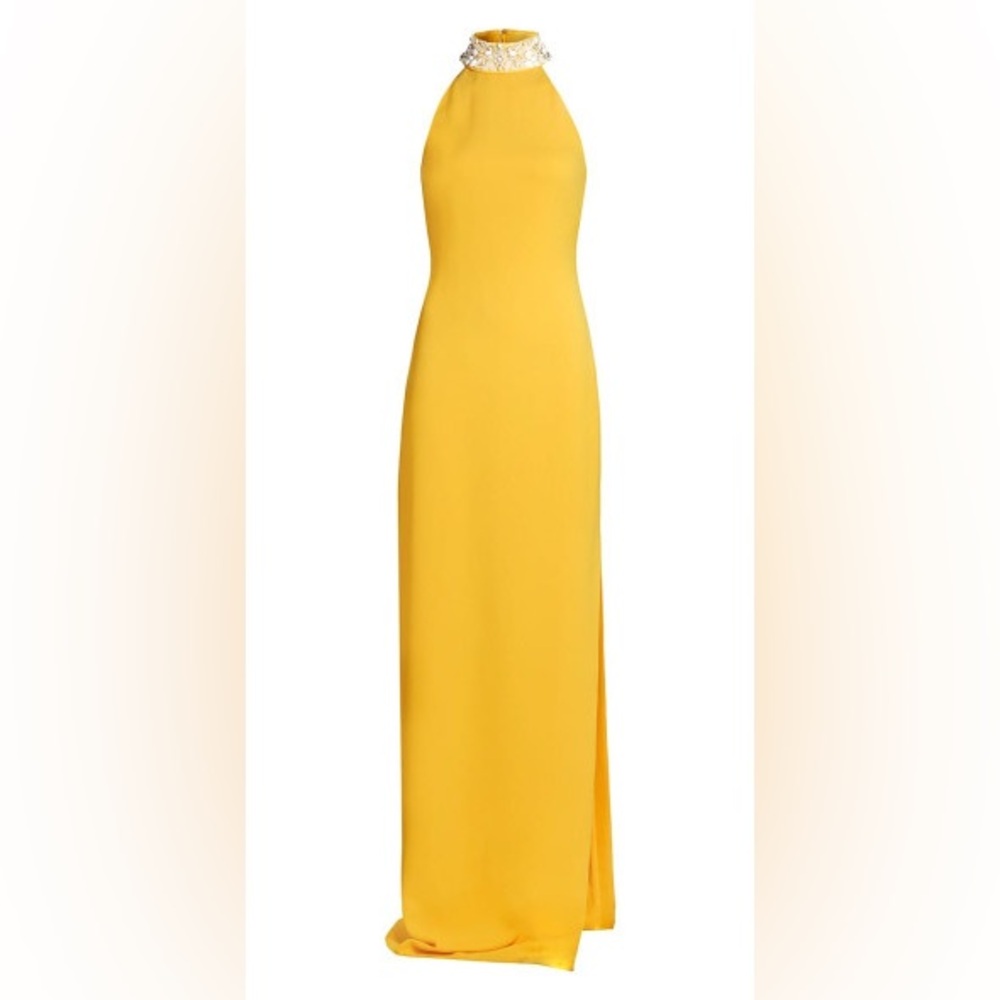 Badgley Mischka Yellow Women's Beaded Halterneck Gown